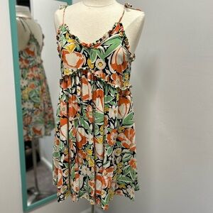 Patrons of Peace Floral Mini Dress - Orange, Green, Black
